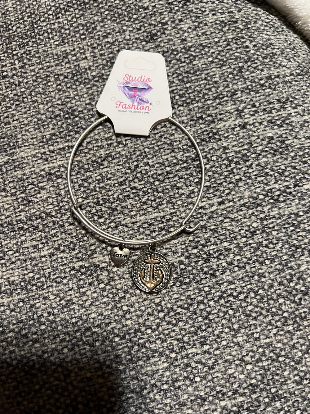 NWT Studio Fashion Silver Anchor Charm Bangle Bracelet - Love Heart Accent